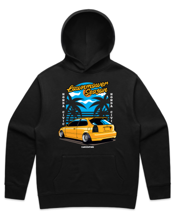 Black hoodie with the Car Couture EK Civic Lawnmower Season back print