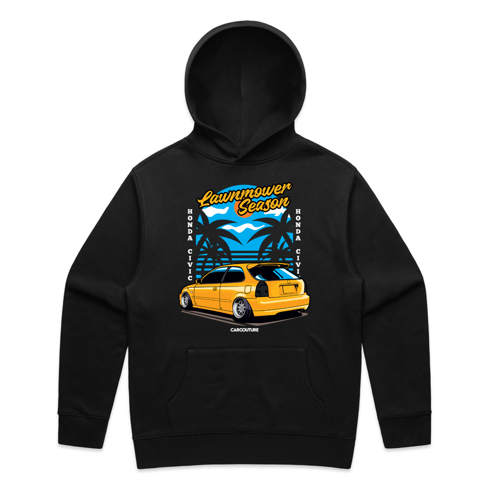 Black hoodie with the Car Couture EK Civic Lawnmower Season back print