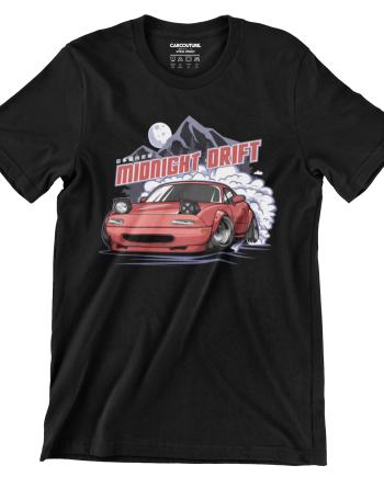 Black T-shirt with the Car Couture Midnight Drift MX-5 print
