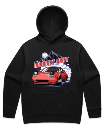 Black hoodie with the Car Couture Midnight Drift MX-5 print