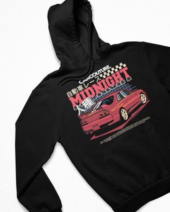 Black hoodie with the Car Couture Midnight Retro R33 Skyline print
