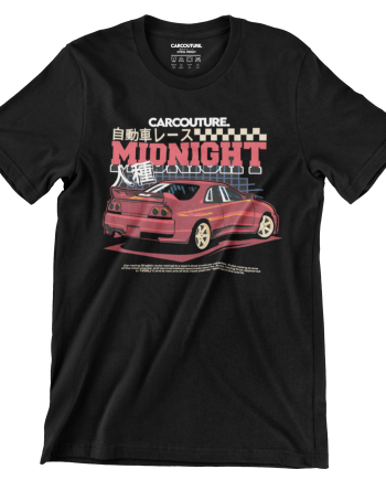 Black T-shirt with the Car Couture Midnight Retro R33 Skyline print