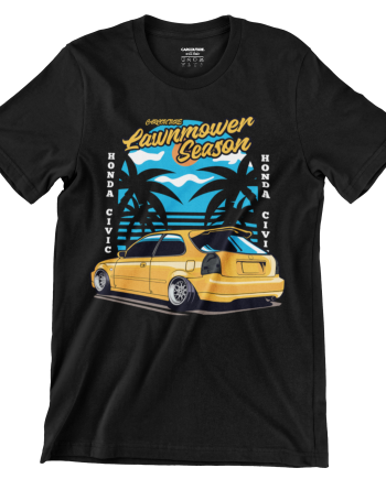 Black T-shirt with the Car Couture EK Civic Lawnmower Season print