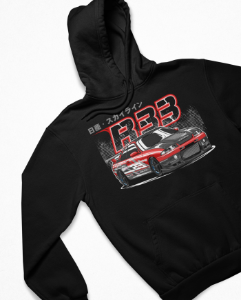 Black hoodie with the Car Couture R33 Couture Skyline race car print