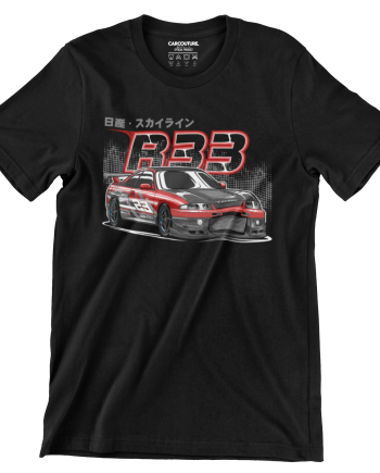 Black T-shirt with the Car Couture R33 Couture Skyline race car print