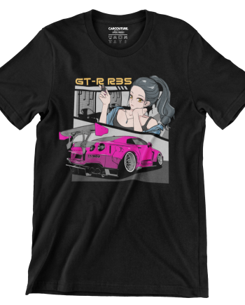 Black T-shirt with the Car Couture R35 GTR Anime print