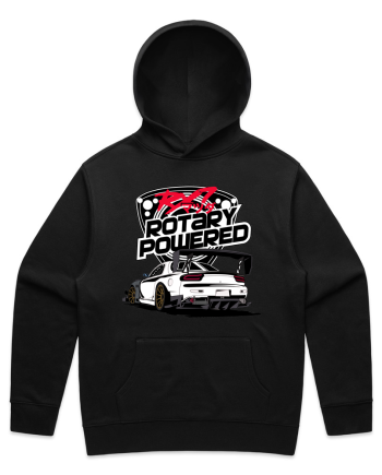 Black hoodie with the Car Couture Rotary Powered RX-7 print