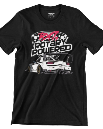 Black T-shirt with the Car Couture Rotary Powered RX-7 print