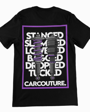 Black T-shirt with the Car Couture Stanced coilover back print