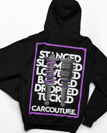 Black hoodie with the Car Couture Stanced coilover back print