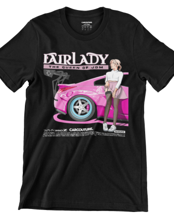 Black T-shirt with the Car Couture Fairlady-Z "The Queen of JDM" 350Z print