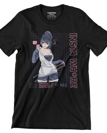 Black T-shirt with the Car Couture Instawh*re anime selfie print
